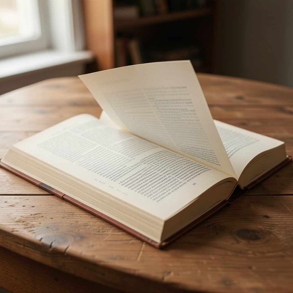 Otvorena knjiga sa uvijenim ćoškom stranice na drvenom stolu, simbol izgubljene stranice