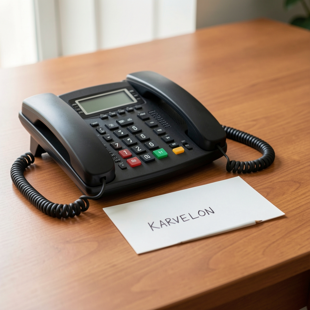 Kontaktni sto redakcije sa telefonom, olovkom i karticom sa adresom Karvelon