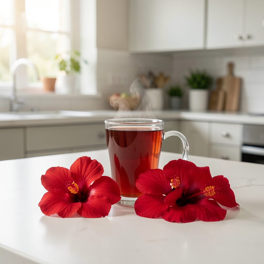 Šolja hibiskus čaja pored svežih crvenih latica na svetloj kuhinjskoj površini