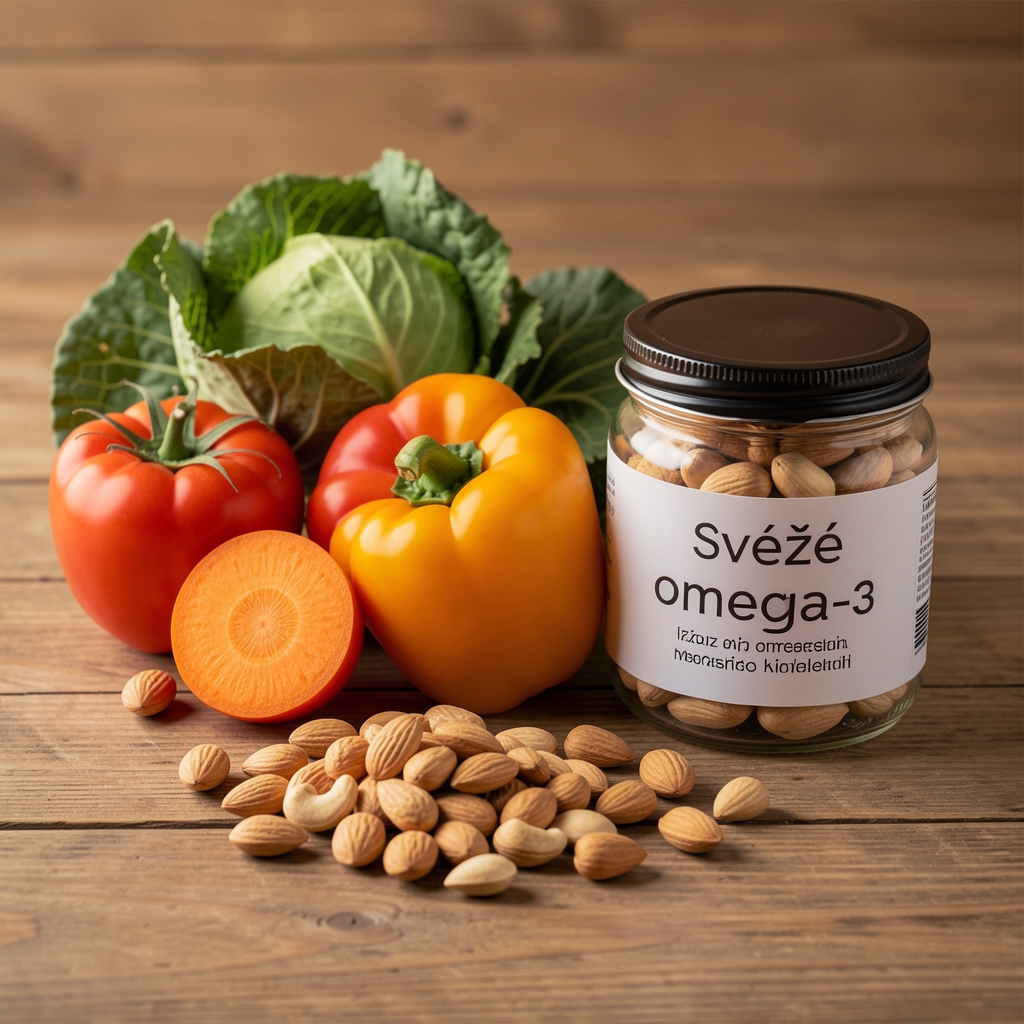 Sveže povrće, orasi i izvor omega-3 masnih kiselina poređani na drvenoj podlozi