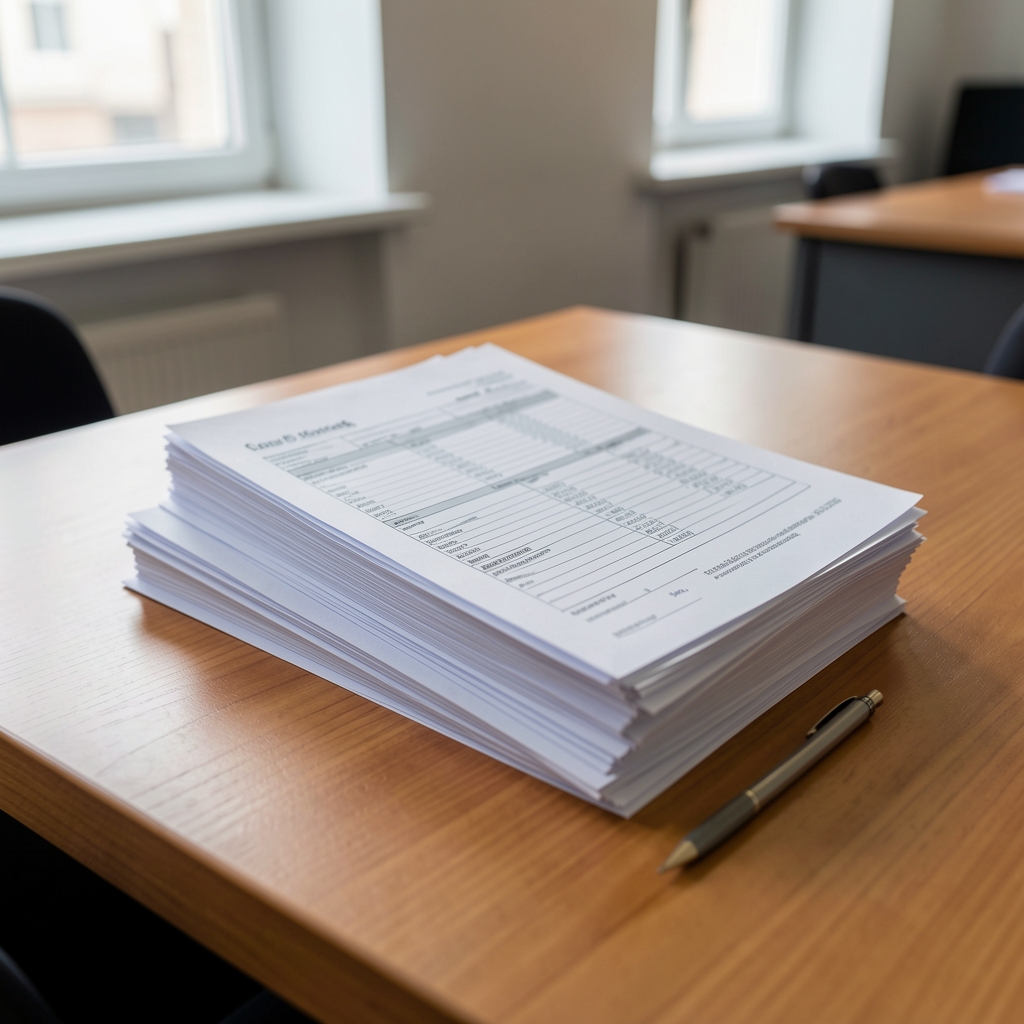 Uredno složena hrpa papirnih formulara i olovka na drvenom stolu u redakciji